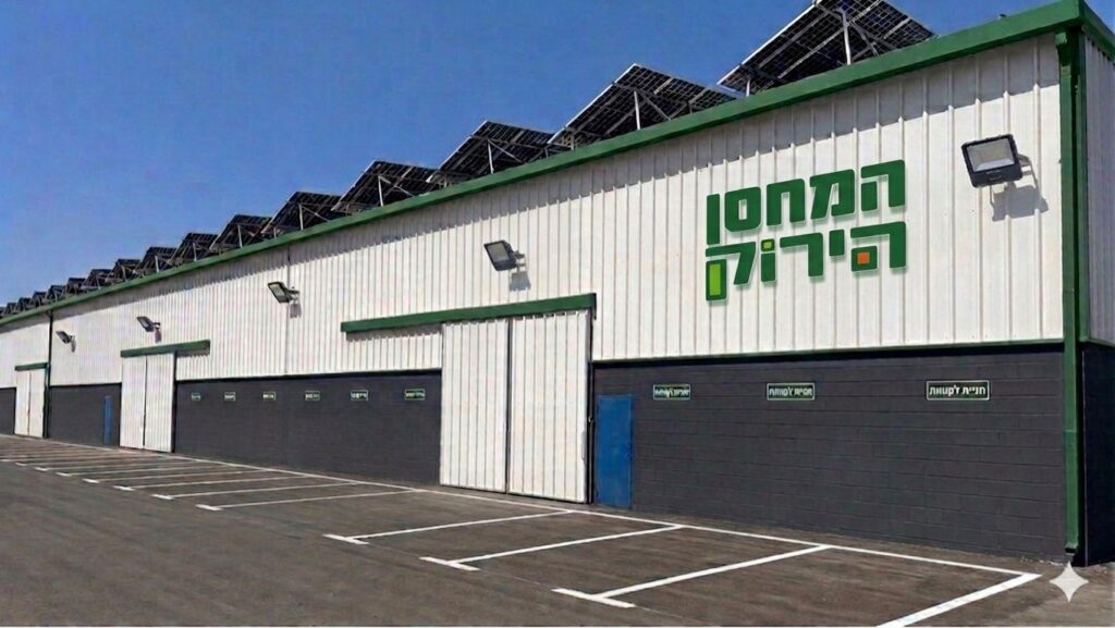 מבנה המחסן הירוק עם לוגו ופאנלים סולאריים על הגג