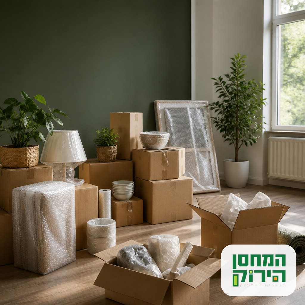 תכולת דירה ארוזה בקרטונים ומוכנה לאחסון לפני שיפוץ