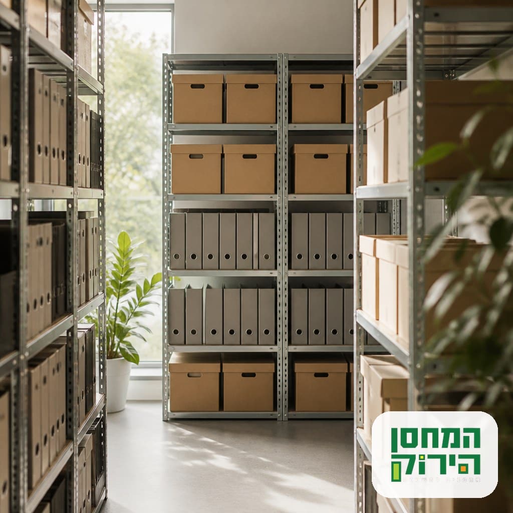 חדר אחסון ארכיב מאורגן עם מדפי קרטון לקופסאות מסמכים