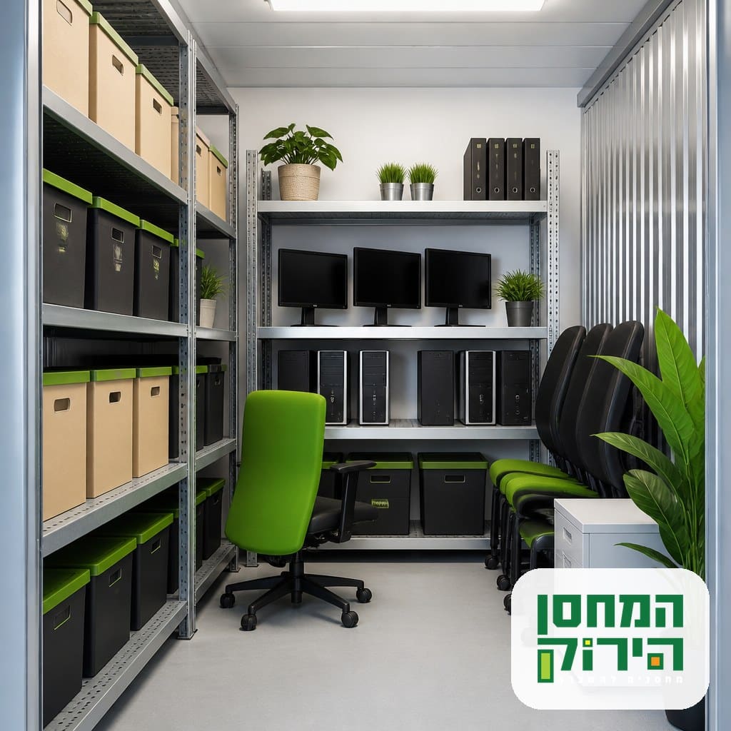 אחסון תכולת משרד — ציוד מחשבים, קלסרים וריהוט משרדי מסודר ביחידת אחסון