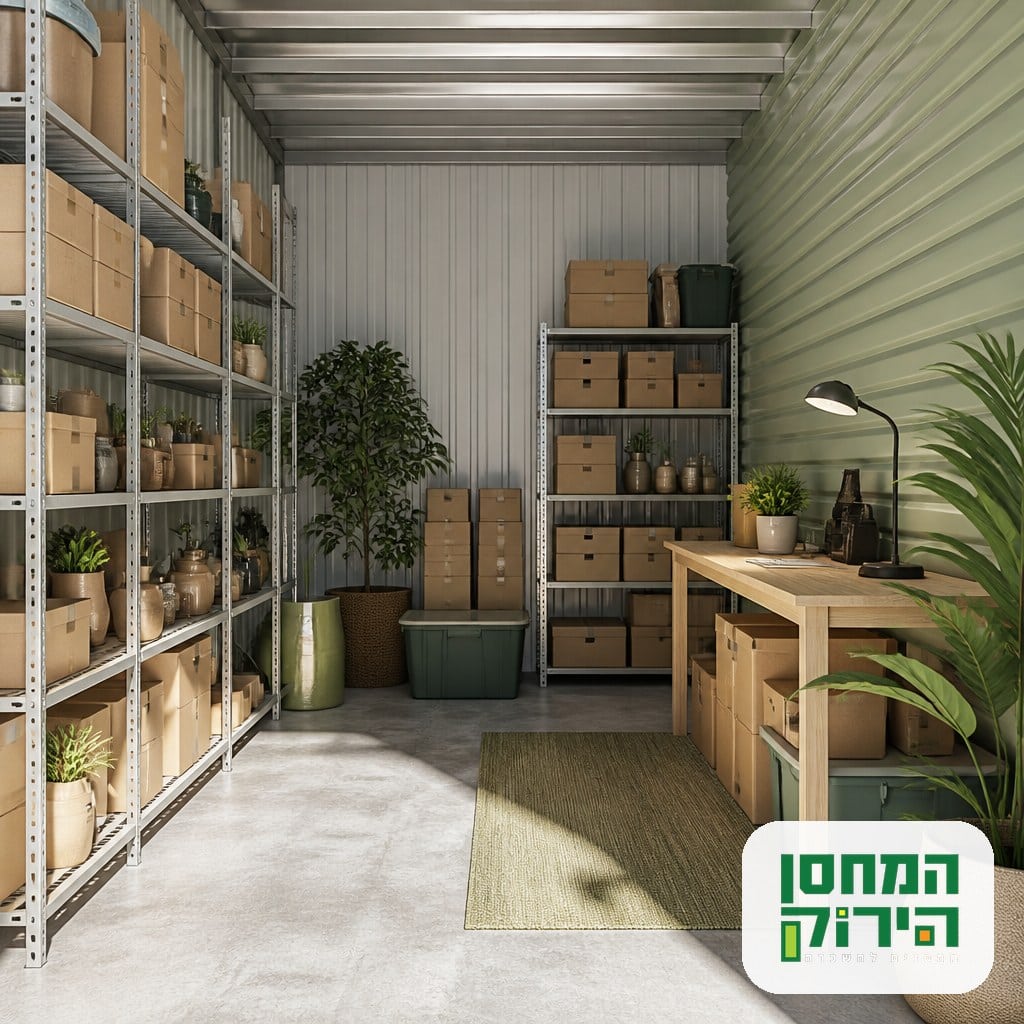 יחידת אחסון עסקי מסודרת עם מדפים וקרטונים לעסק קטן