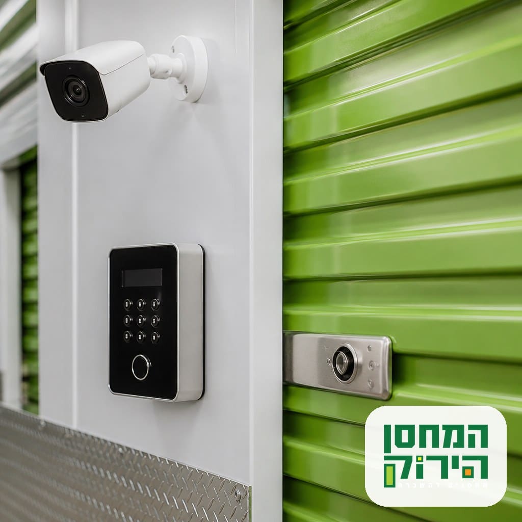 מצלמת אבטחה ולוח בקרת כניסה ליד דלת יחידת אחסון במחסן מאובטח