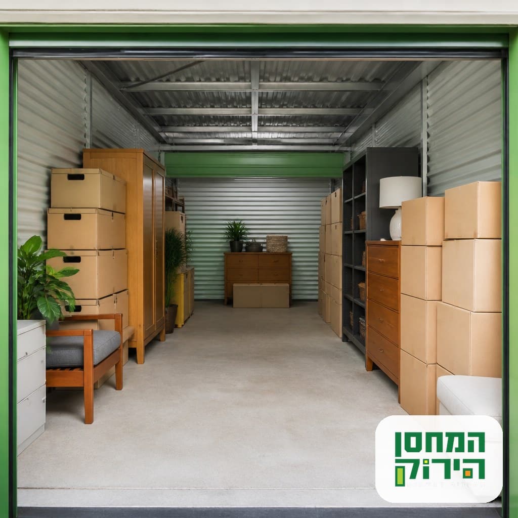 יחידת אחסון מסודרת עם קופסאות ורהיטים שנערמו ביעילות לאורך הקירות
