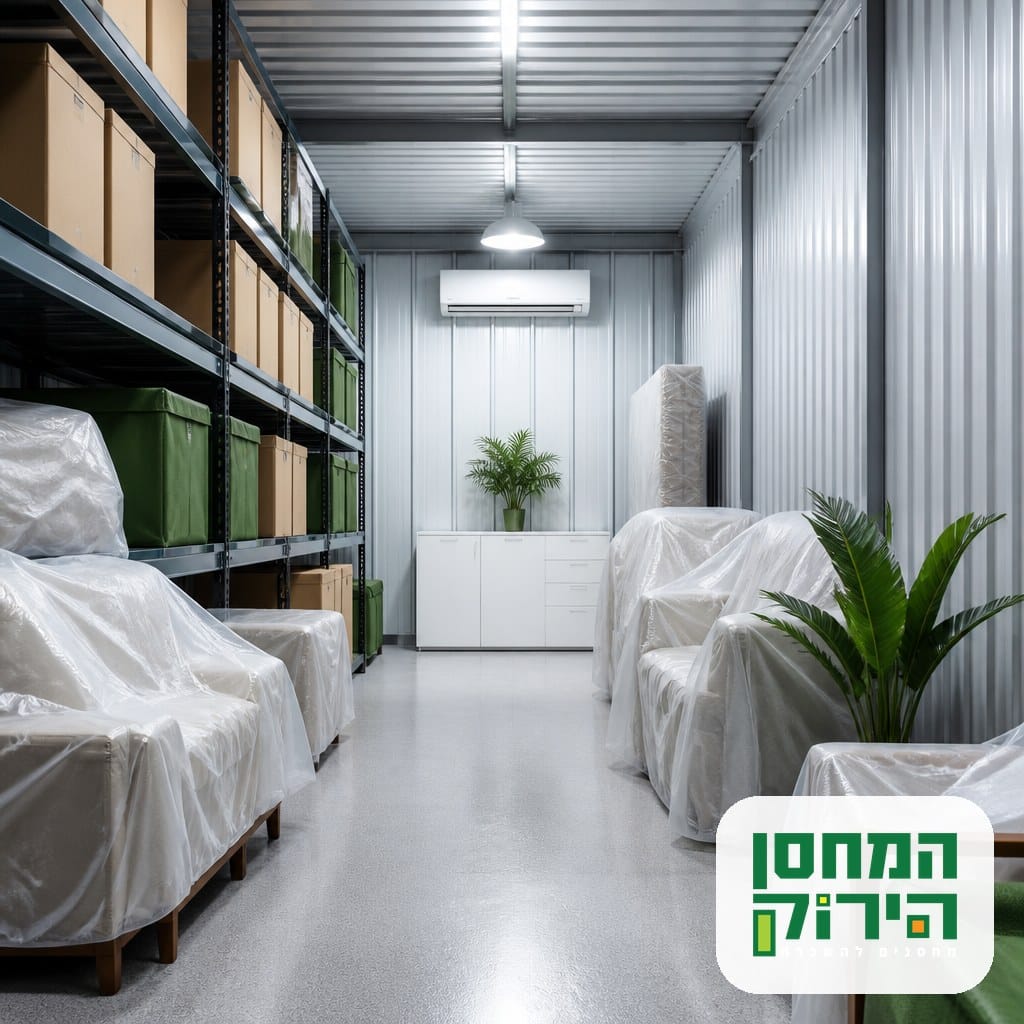יחידת אחסון ממוזגת עם רהיטים מכוסים וארגזים על מדפים, שמירה על התכולה לאורך זמן
