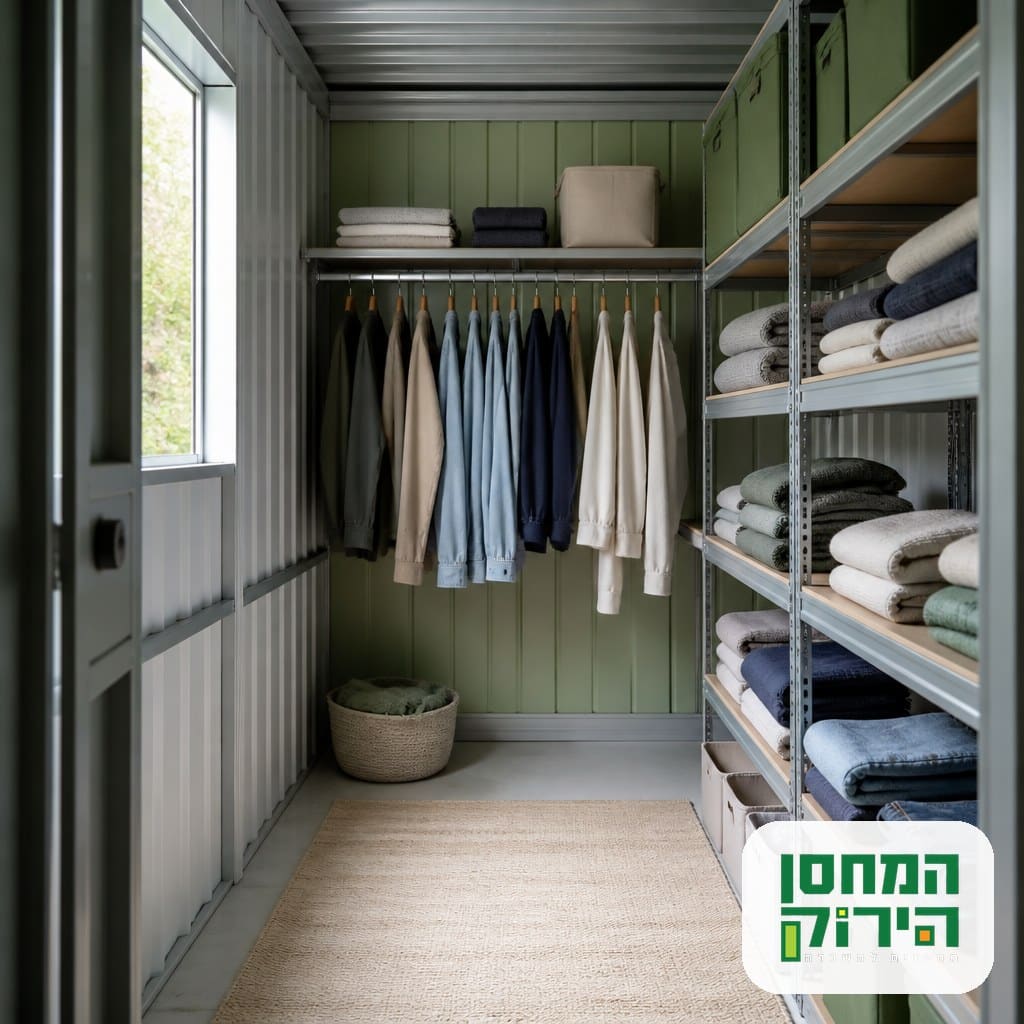 יחידת אחסון מסודרת לאחסון בגדים על מדפים ומתלים