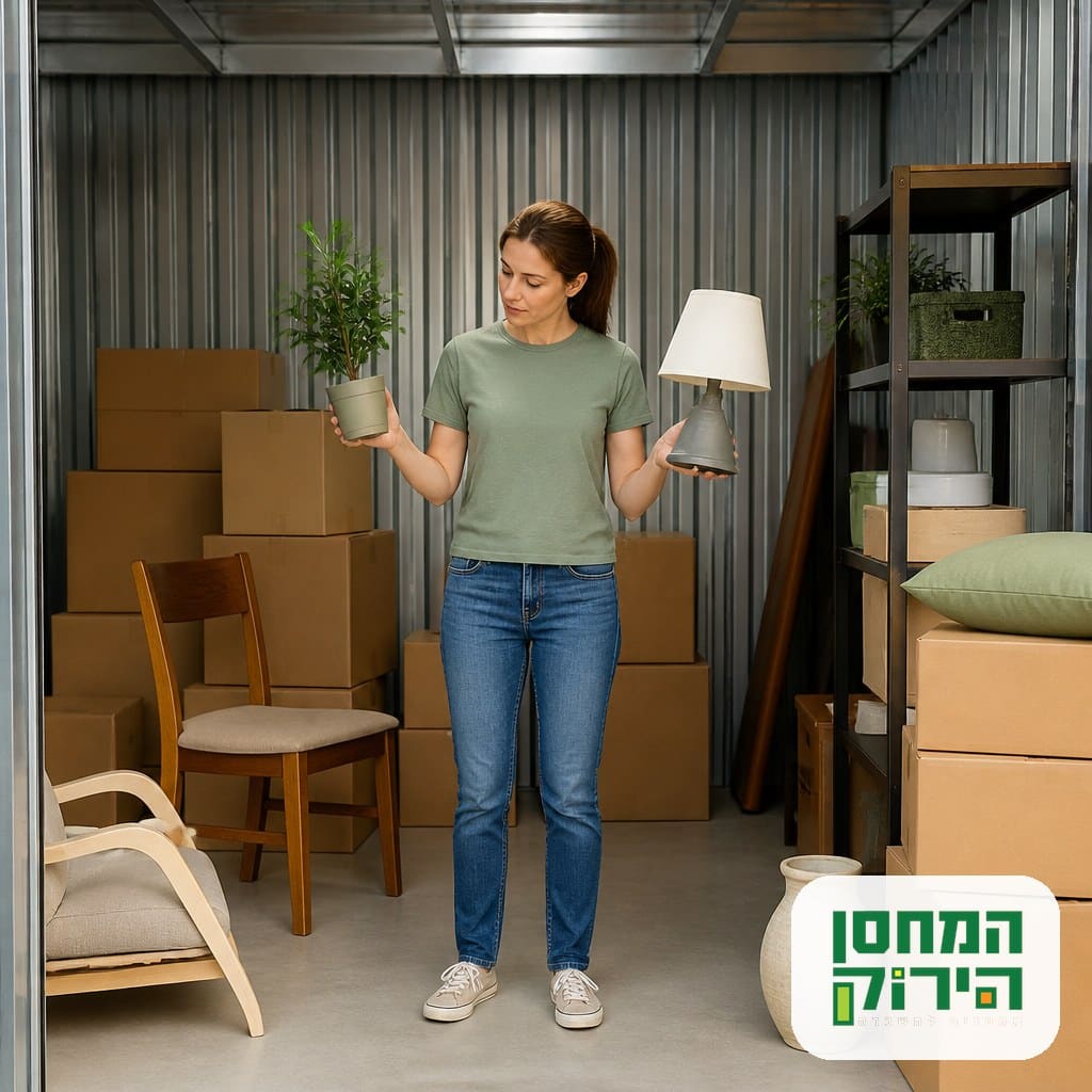 אדם מסדר ארגזי מעבר דירה ורהיטים בתוך יחידת אחסון מרווחת