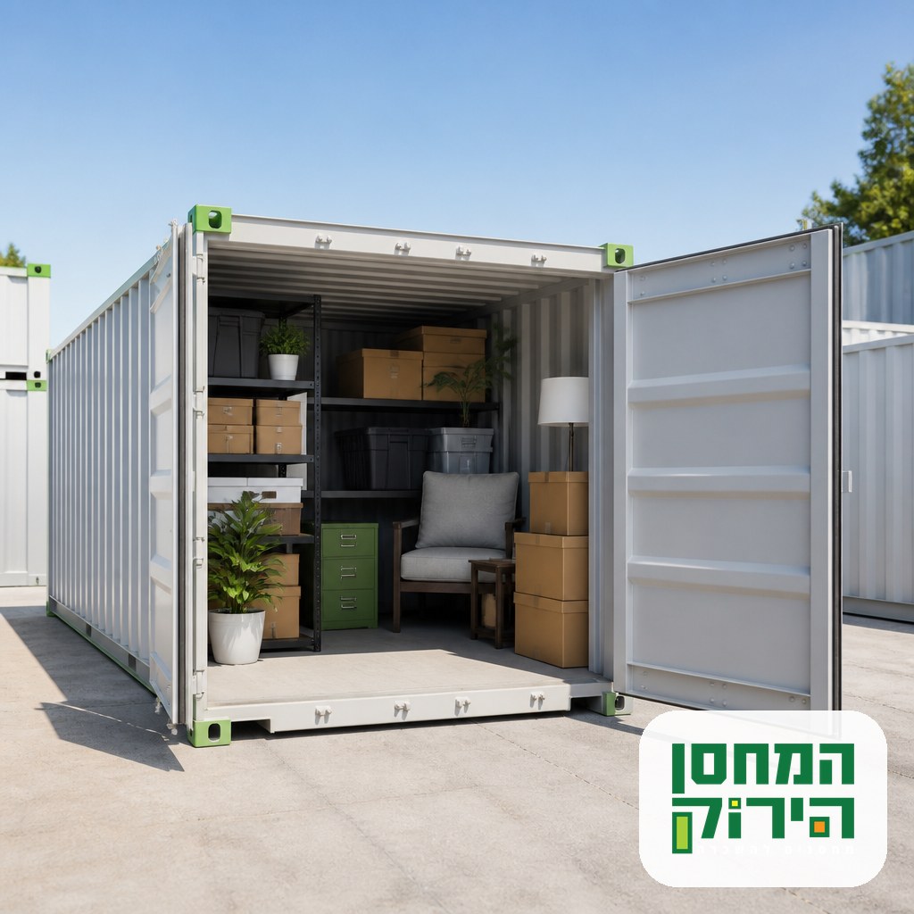 אחסון במכולה — מכולת אחסון עמידה ומאובטחת עם תכולת בית מסודרת