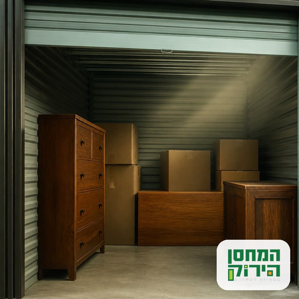 ריהוט עץ וקרטונים מאוחסנים ביחידת אחסון יבשה ומאווררת