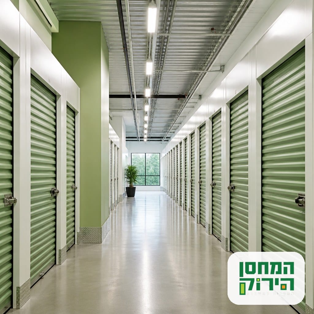 מסדרון מתחם מחסנים מודרני ונקי עם שורות יחידות אחסון סגורות