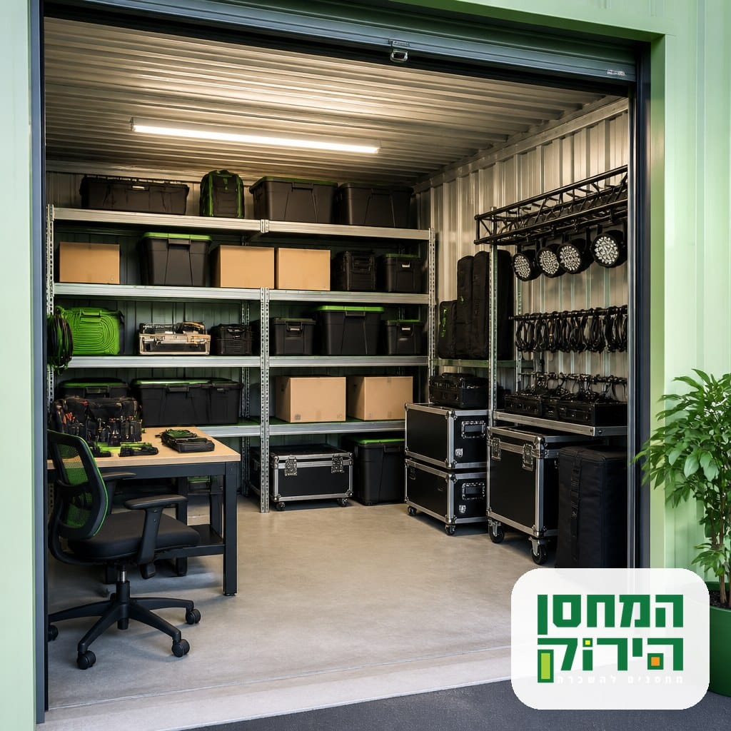 מחסן פרטי לעצמאי — ציוד הגברה, כלי עבודה ומלאי מסודרים ביחידת אחסון