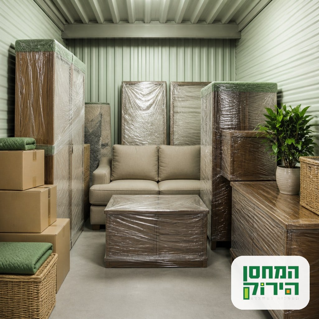 יחידת אחסון פרטית מסודרת עם רהיטי עץ ארוזים וקרטונים לאחסון תכולת דירה