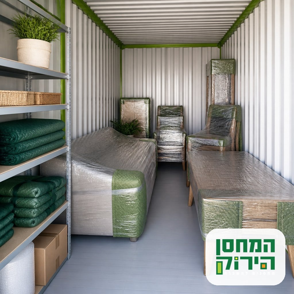 אחסון רהיטים מסודר — ספה ושולחן עטופים ומדפים ביחידת אחסון במחסן הירוק