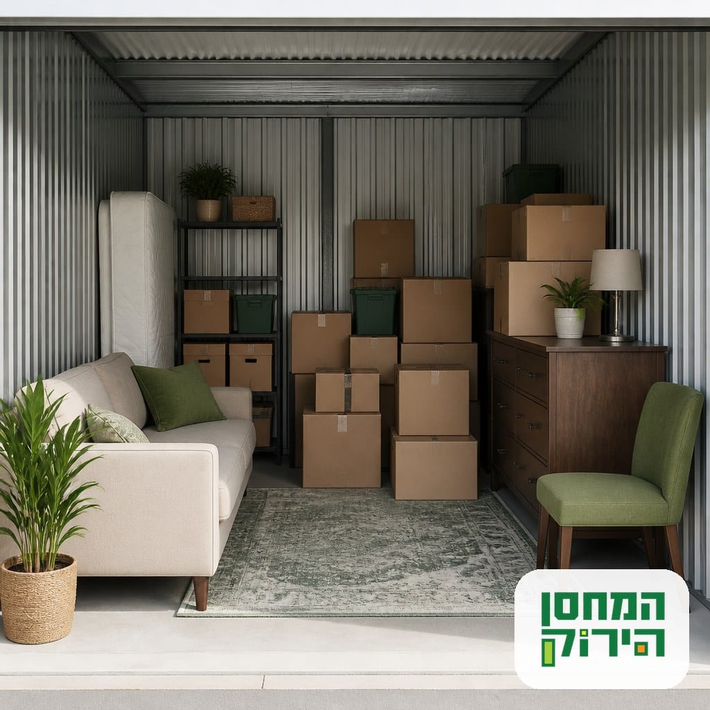 ריהוט וקרטונים מסודרים בתוך יחידת אחסון