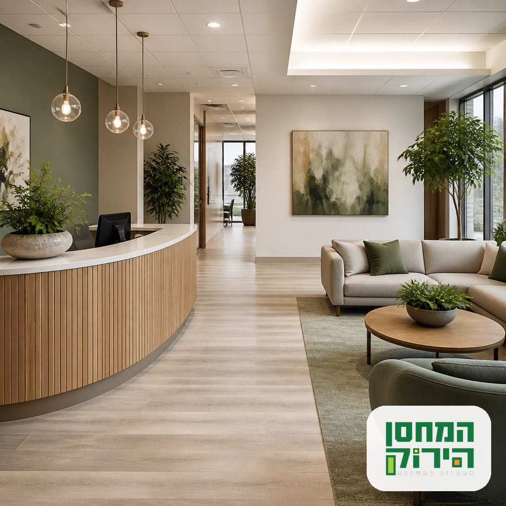 פינת קבלה ועיצוב הרמוני במשרד עם ספה ואזור המתנה מזמין