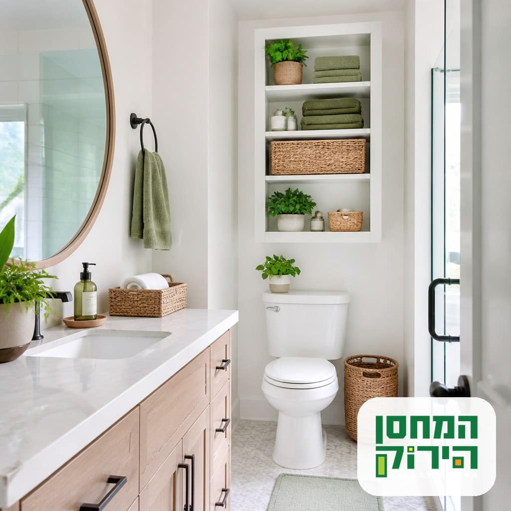 פתרונות אחסון לחדר הרחצה: מדפים מעל האסלה וארגונית מסודרת