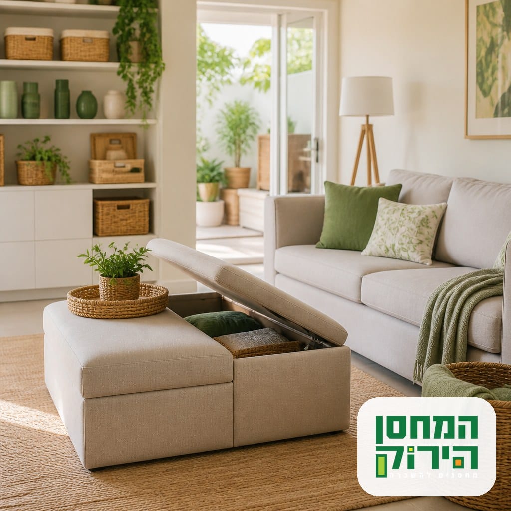 פתרונות אחסון לסלון: הדום עם תא אחסון וסלי נצרים בסלון מסודר