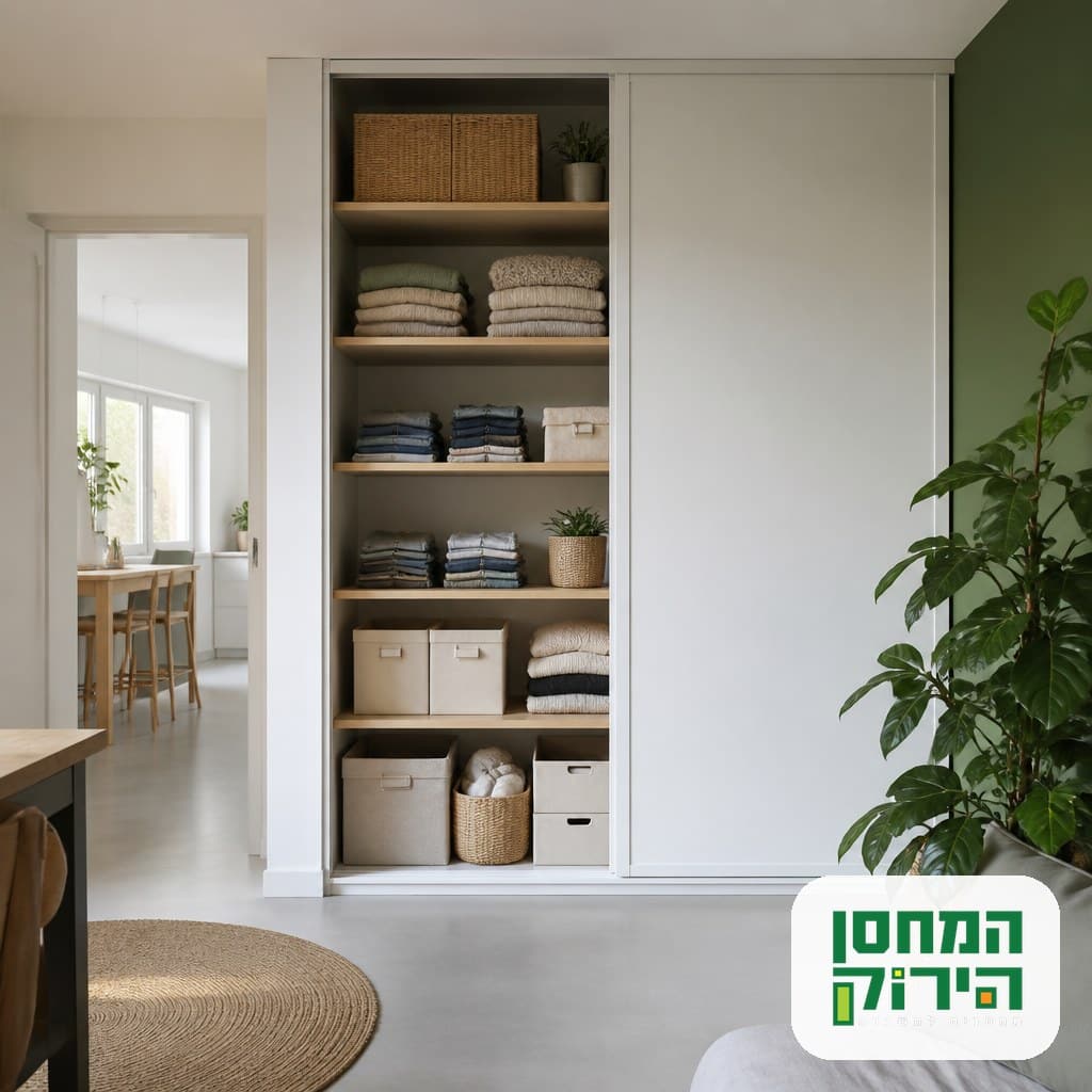 יחידת אחסון ביתית מסודרת עם מדפי עץ וקופסאות אחסון בבית