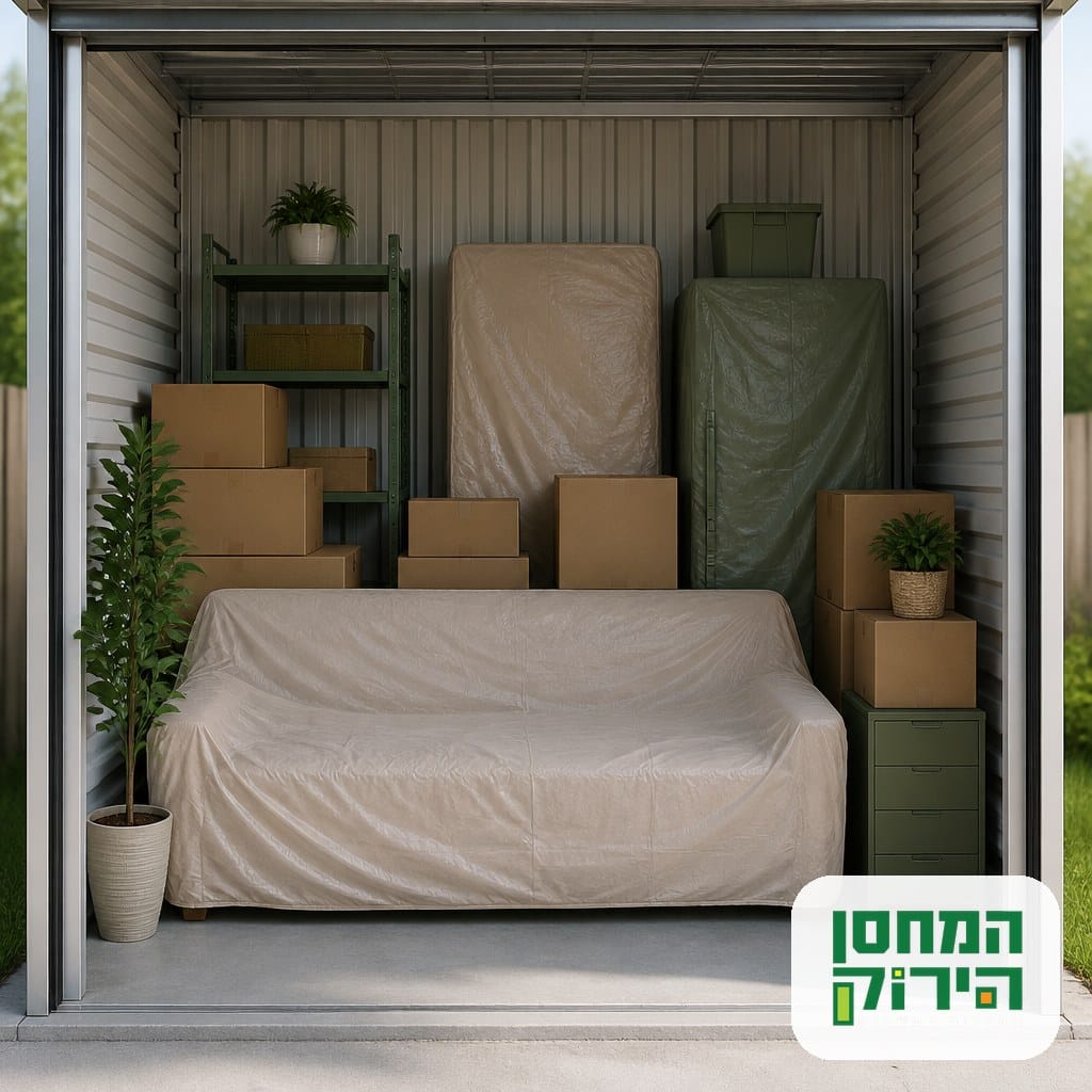 ספה מכוסה, קרטונים ומוצר חשמל מסודרים ביחידת אחסון