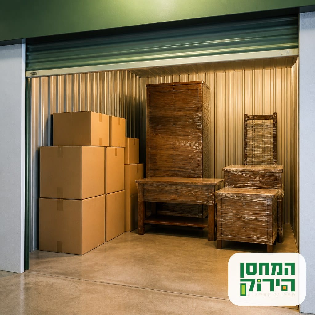 יחידת אחסון פנימית עם קרטונים ורהיטים ארוזים