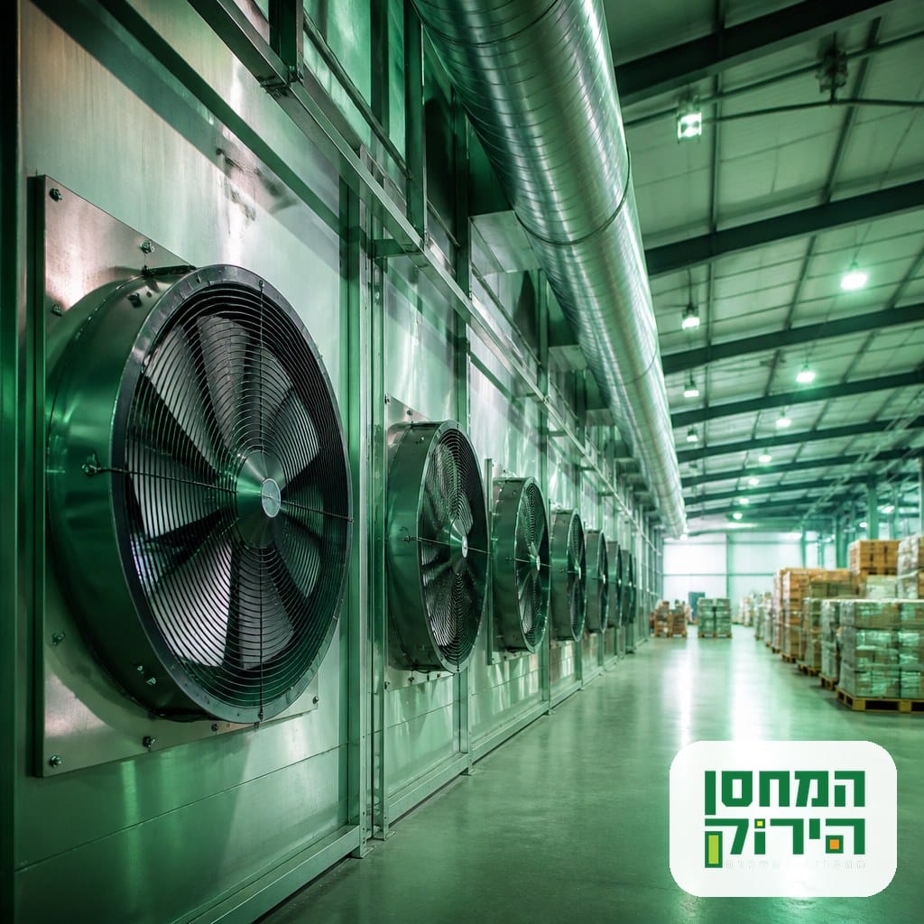 מערכת אוורור תעשייתית עם מפוחים ותעלות אוויר במחסן לוגיסטי