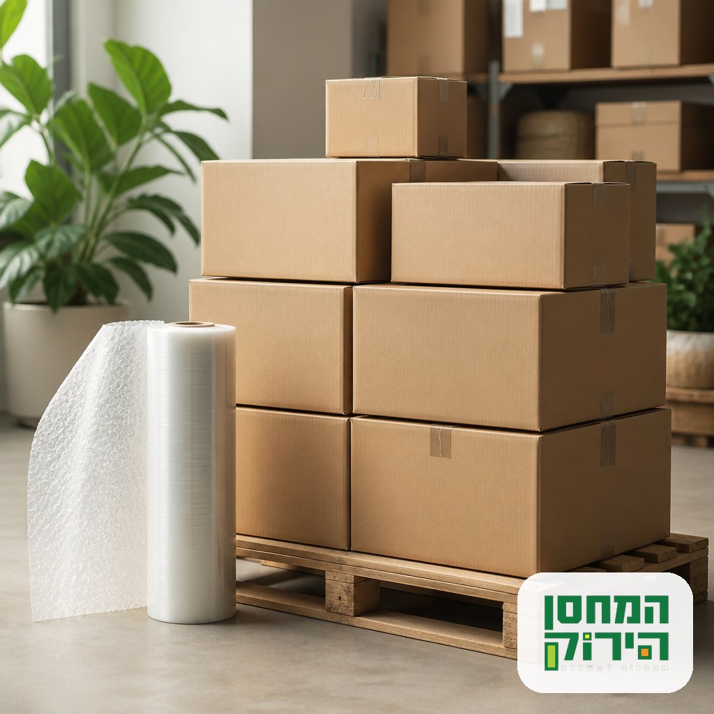 קרטונים ממוינים וחומרי אריזה מוכנים לאחסון מסודר של תכולת הדירה