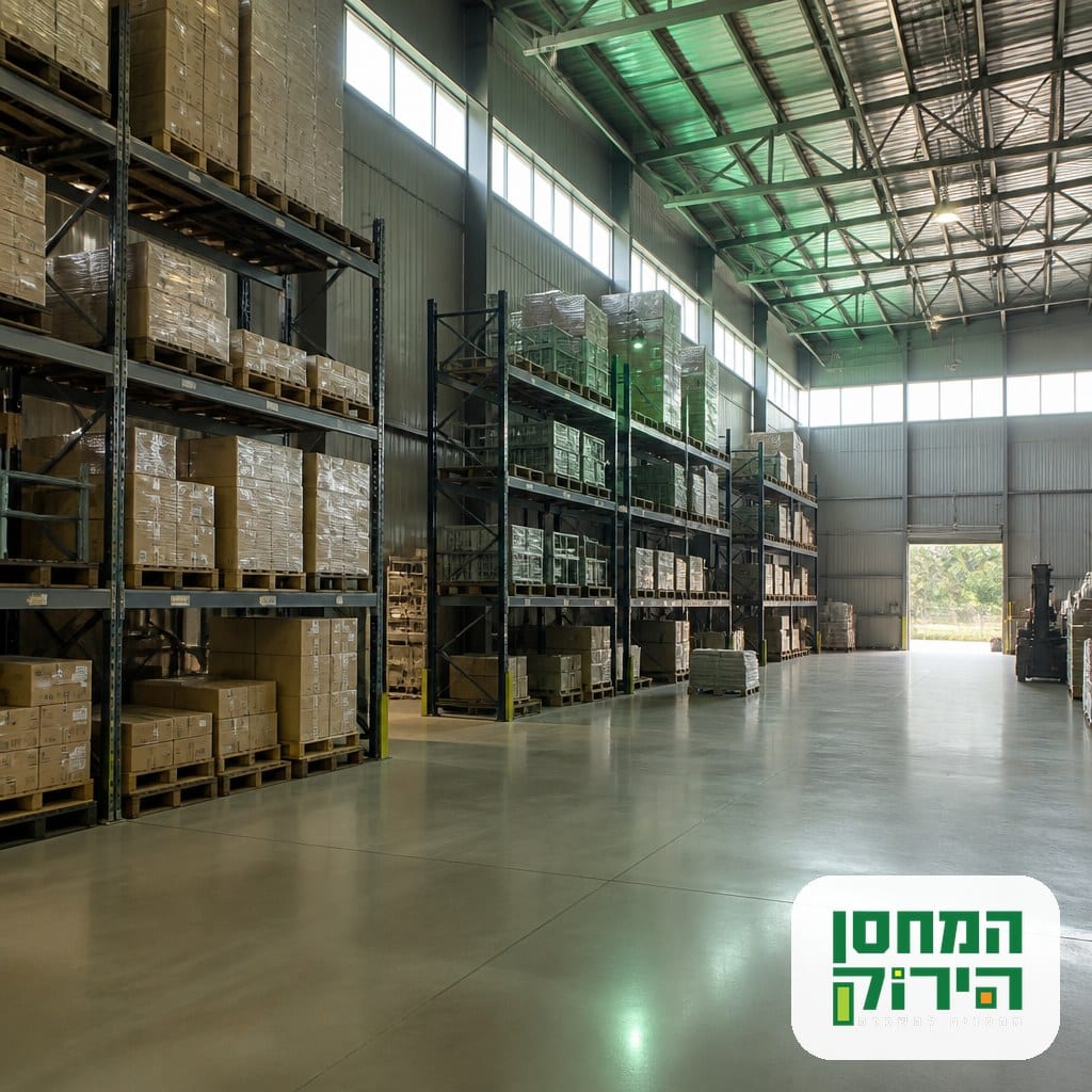 מחסן עסקי גדול עם מדפים תעשייתיים וסחורה