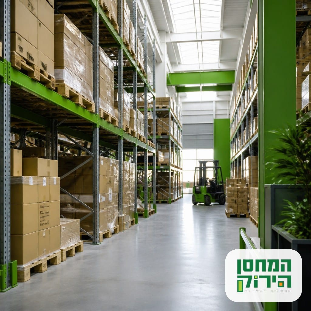 מחסן לוגיסטי מודרני להשכרה עם מדפים וסחורה מאורגנת