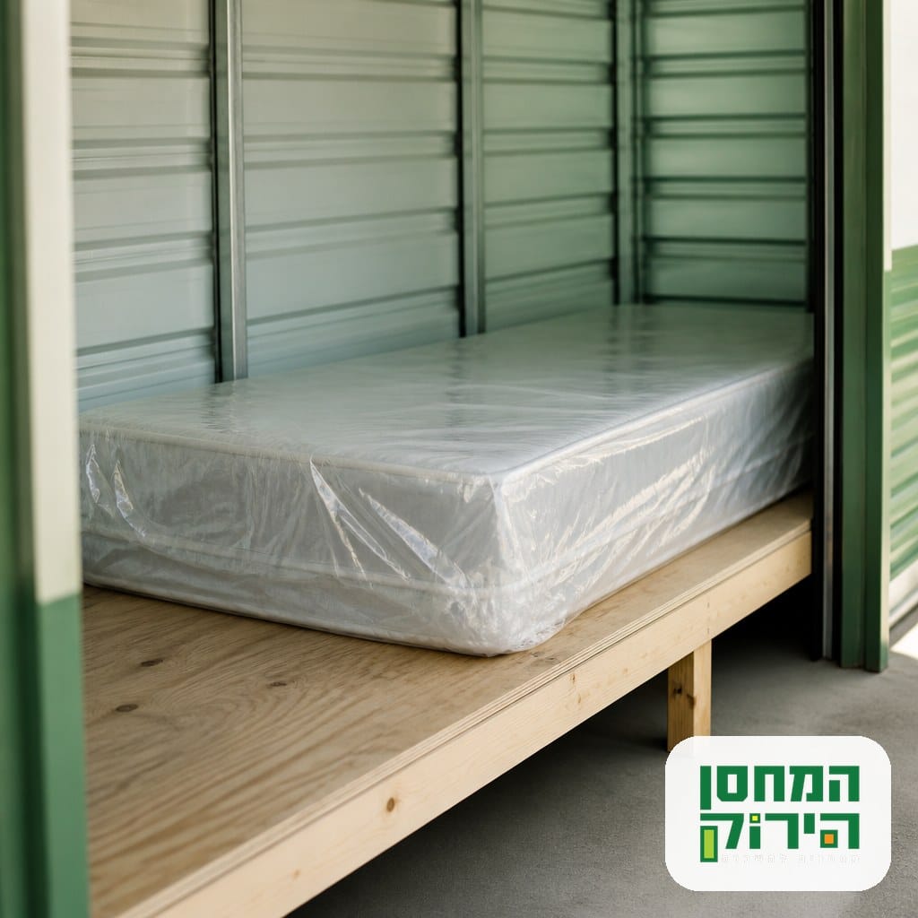 מזרון עטוף בניילון מגן מאוחסן בצורה אופקית במחסן