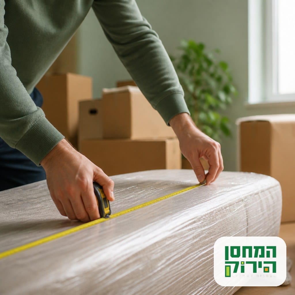 מדידת רהיט גדול בעזרת מטר לפני אחסון לתכנון גודל המחסן הנכון