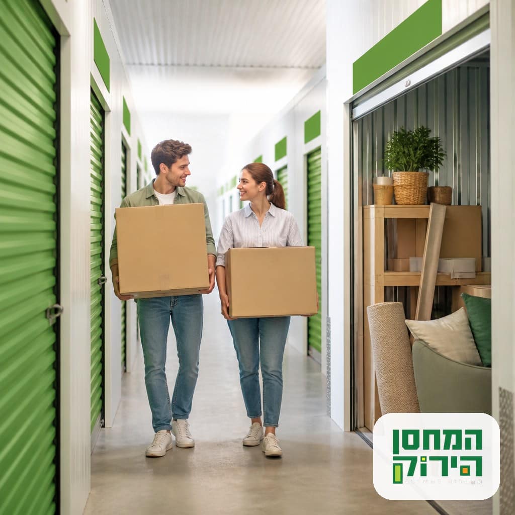 זוג צעיר במעבר דירה מחזיק קרטונים במסדרון מתקן אחסון נקי ומסודר