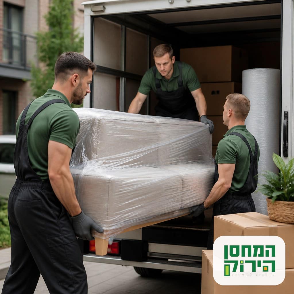 צוות הובלות מקצועי מעמיס רהיטים וארגזים על משאית