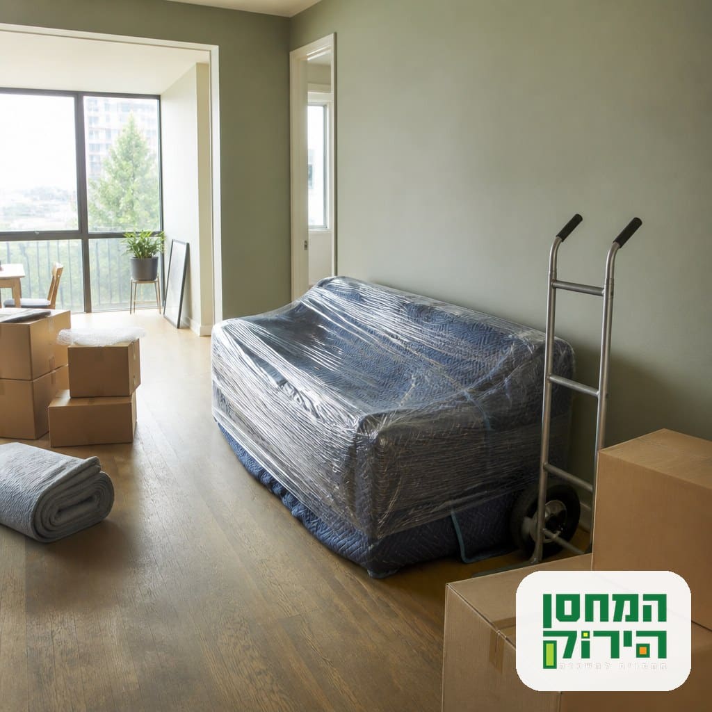 ספה עטופה בשמיכות הגנה ויריעות ניילון ועגלת הובלה לצד קרטונים