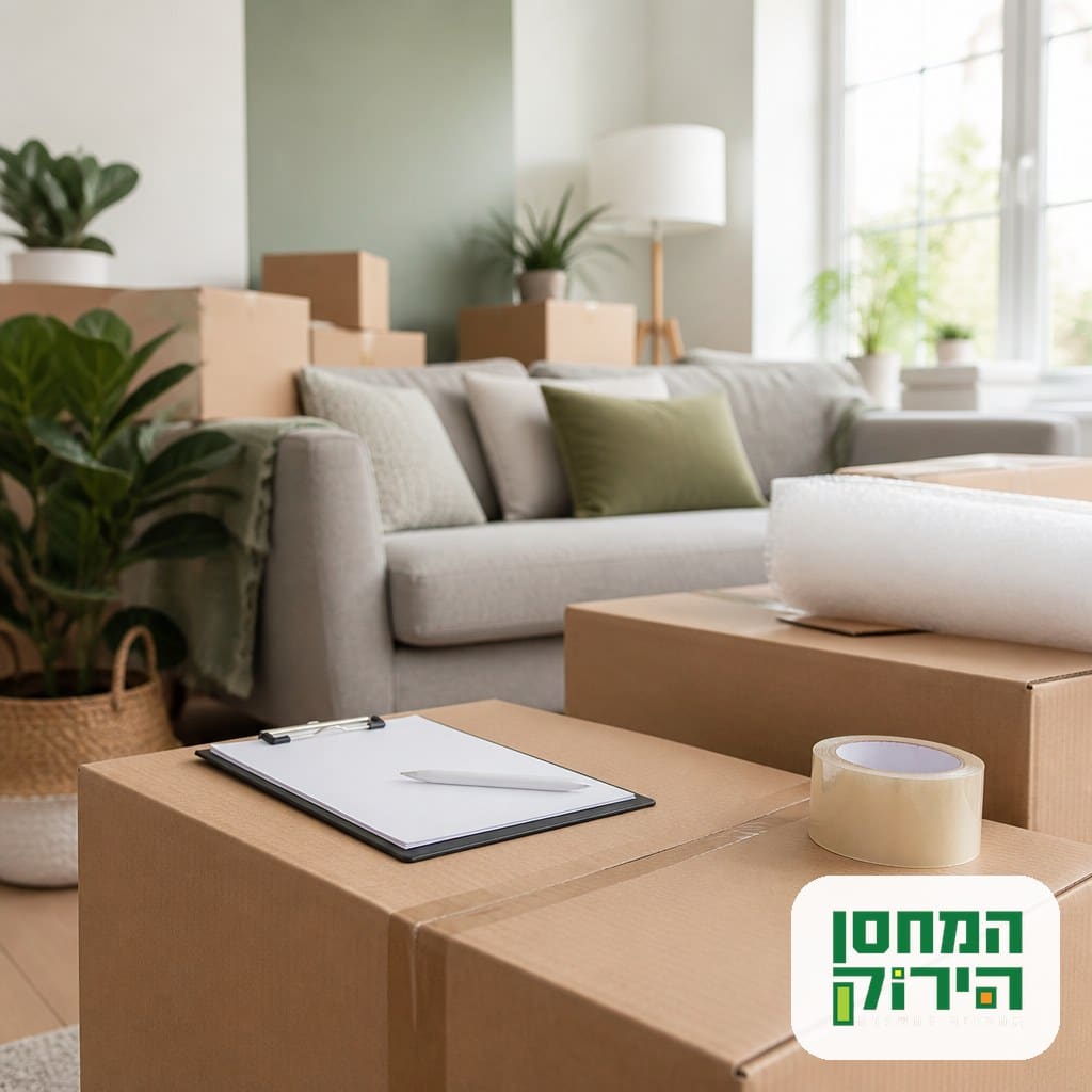 קרטונים ארוזים ומסומנים ורשימת מטלות בסלון לקראת מעבר דירה