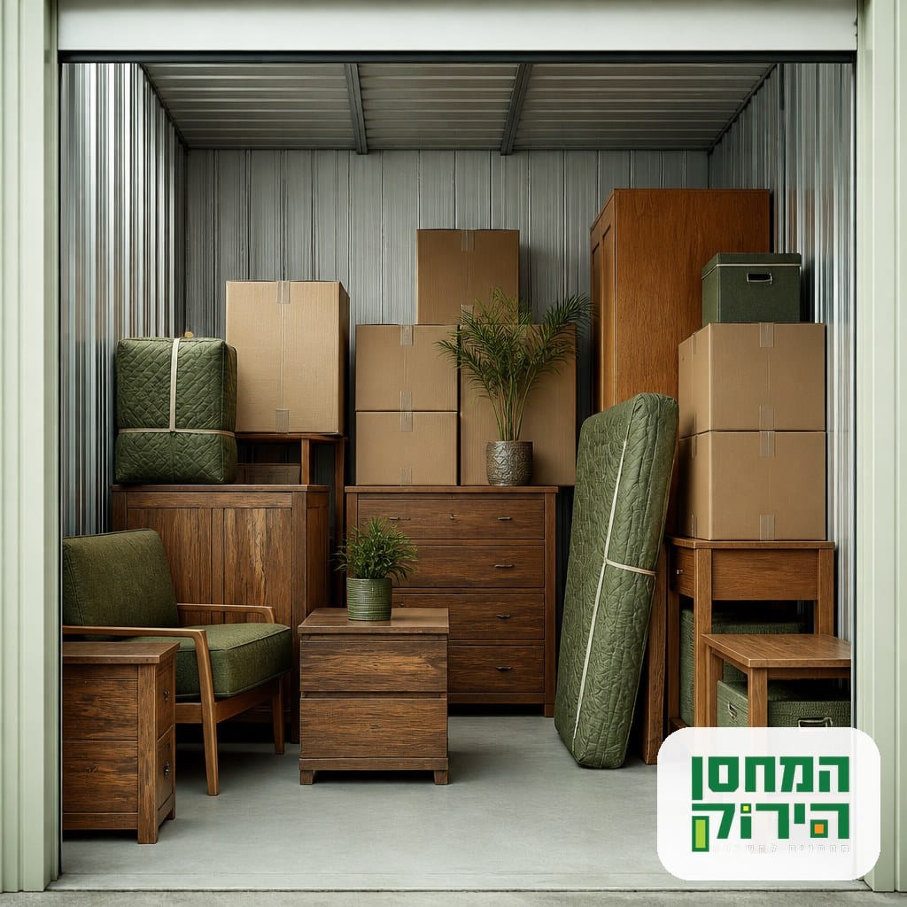 סידור מסודר של רהיטים וארגזים בתוך יחידת אחסון