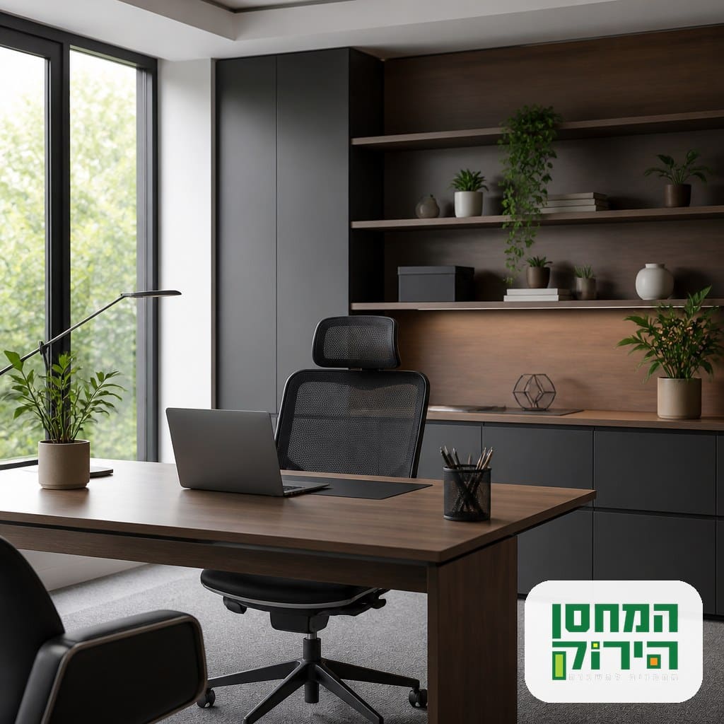 משרד מאורגן ומסודר עם שולחן עבודה נקי וריהוט משרדי