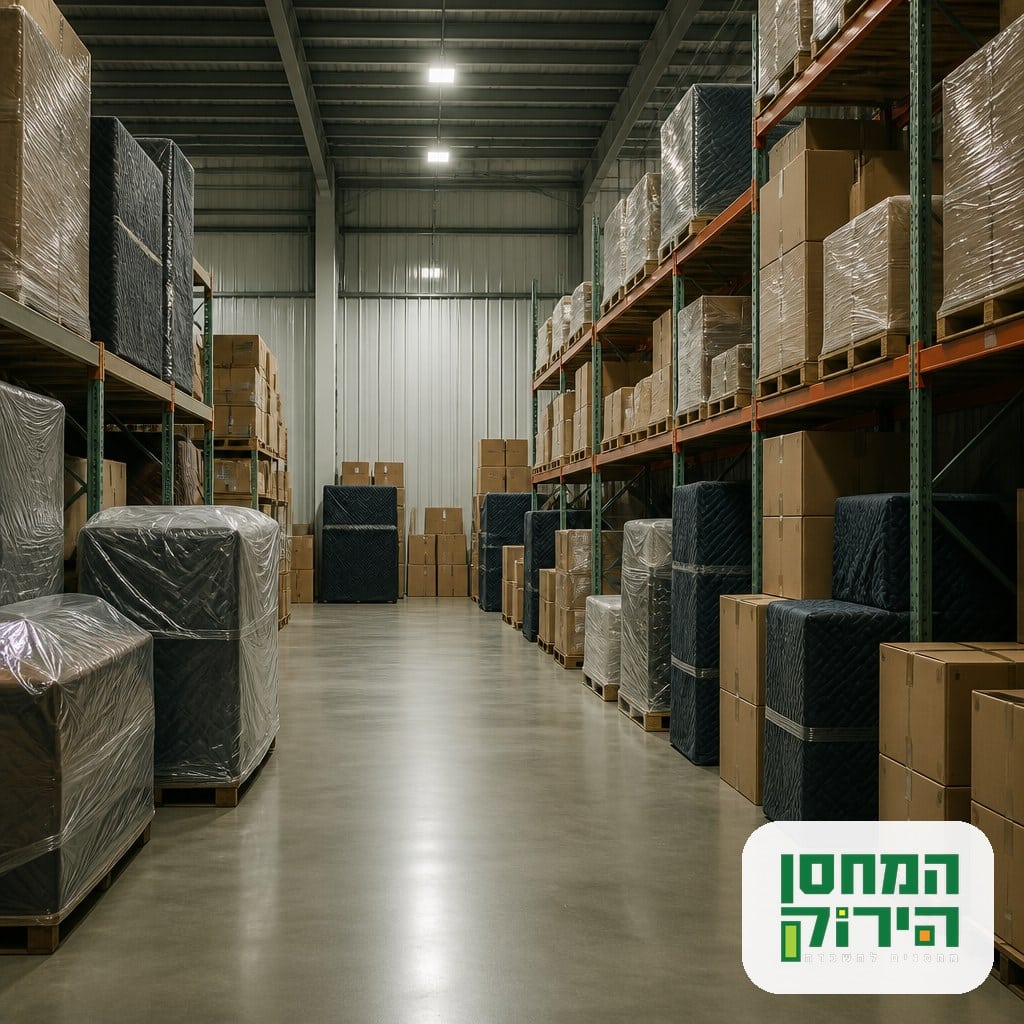 מחסן אחסון מסודר עם קרטונים ורהיטים ארוזים לאחסון זמני