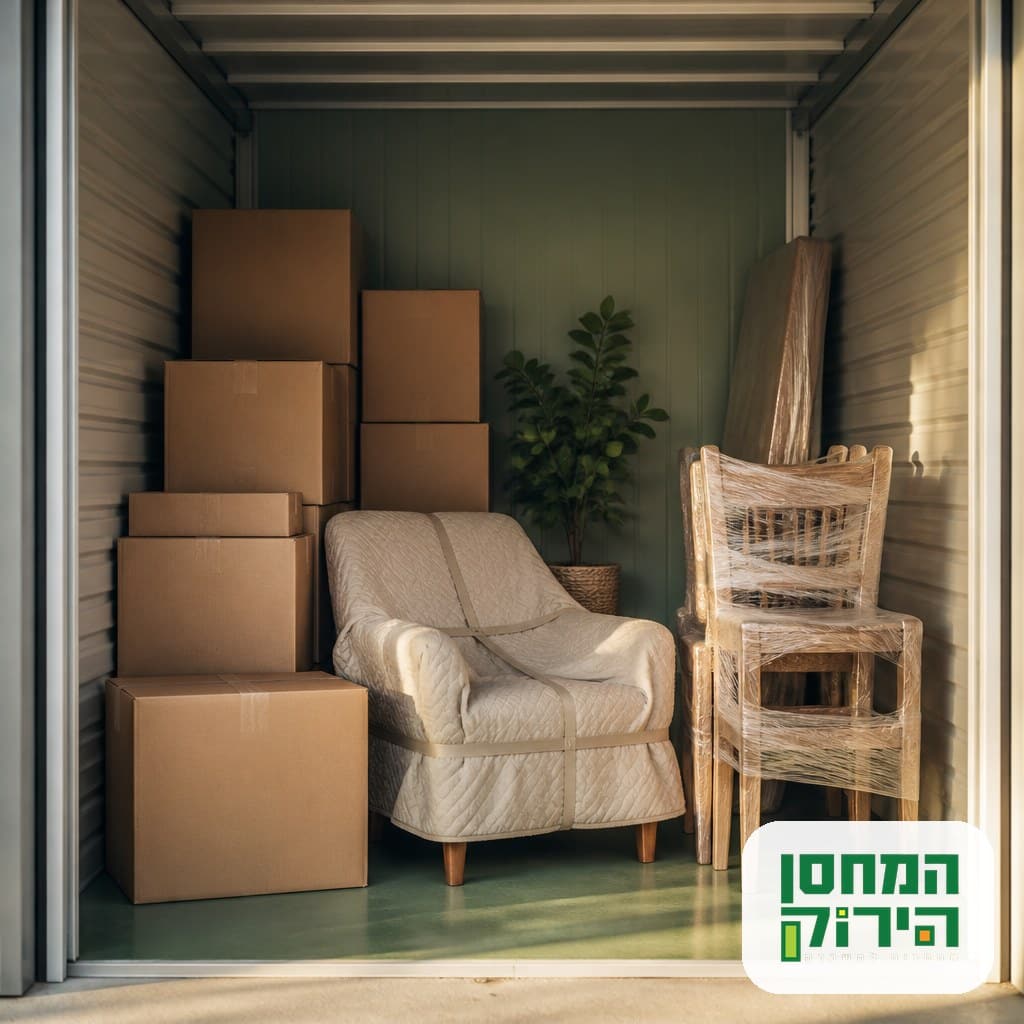 יחידת אחסון מסודרת עם קרטונים וריהיט מכוסה לאחסון תכולת דירה