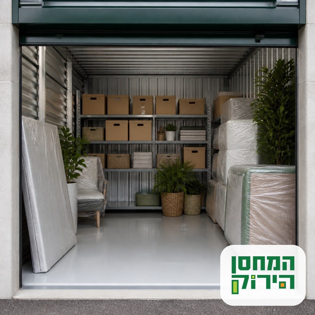 יחידת אחסון מאורגנת — ארגזים ממוספרים על מדפים וריהוט ארוז במחסן הירוק