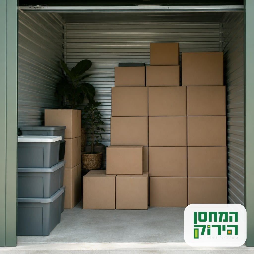 יחידת אחסון מסודרת עם קרטונים ארוזים לאחסון תכולת דירה
