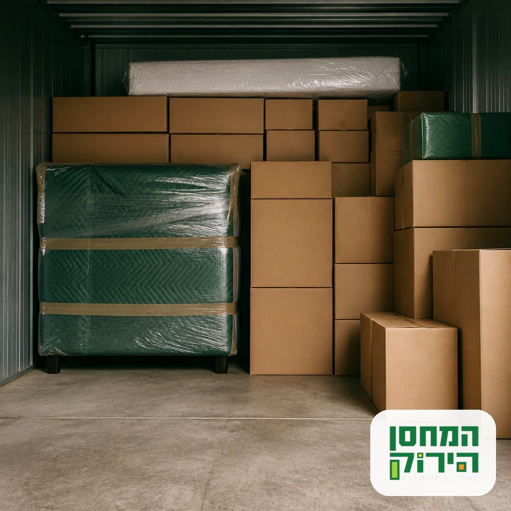 מחסן מאורגן עם מזרון רהיטים וקרטונים מאוחסנים נכון