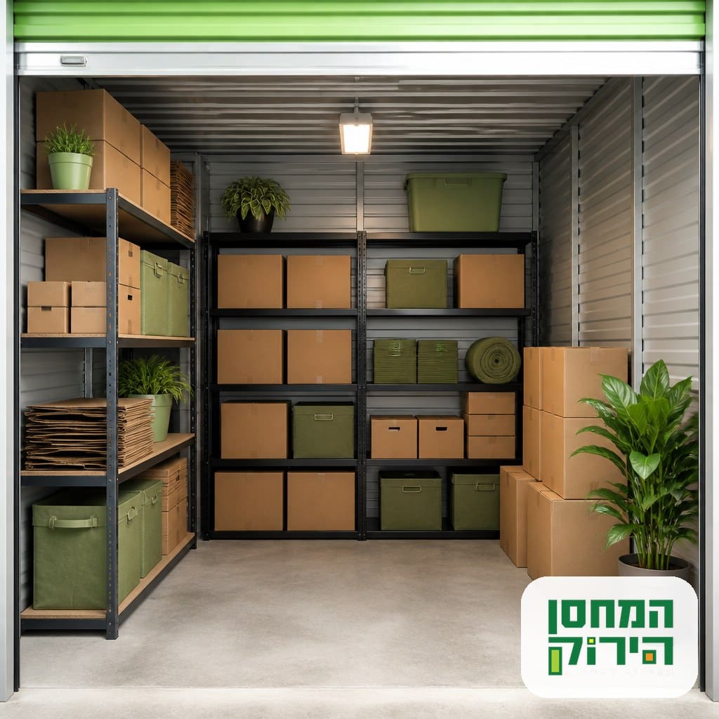 יחידת אחסון מסודרת עם מדפים וקרטונים ערוכים