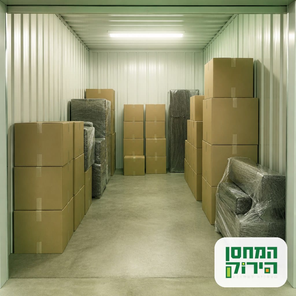 מחסן אחסון מסודר עם קרטונים ארוזים ורהיטים עטופים