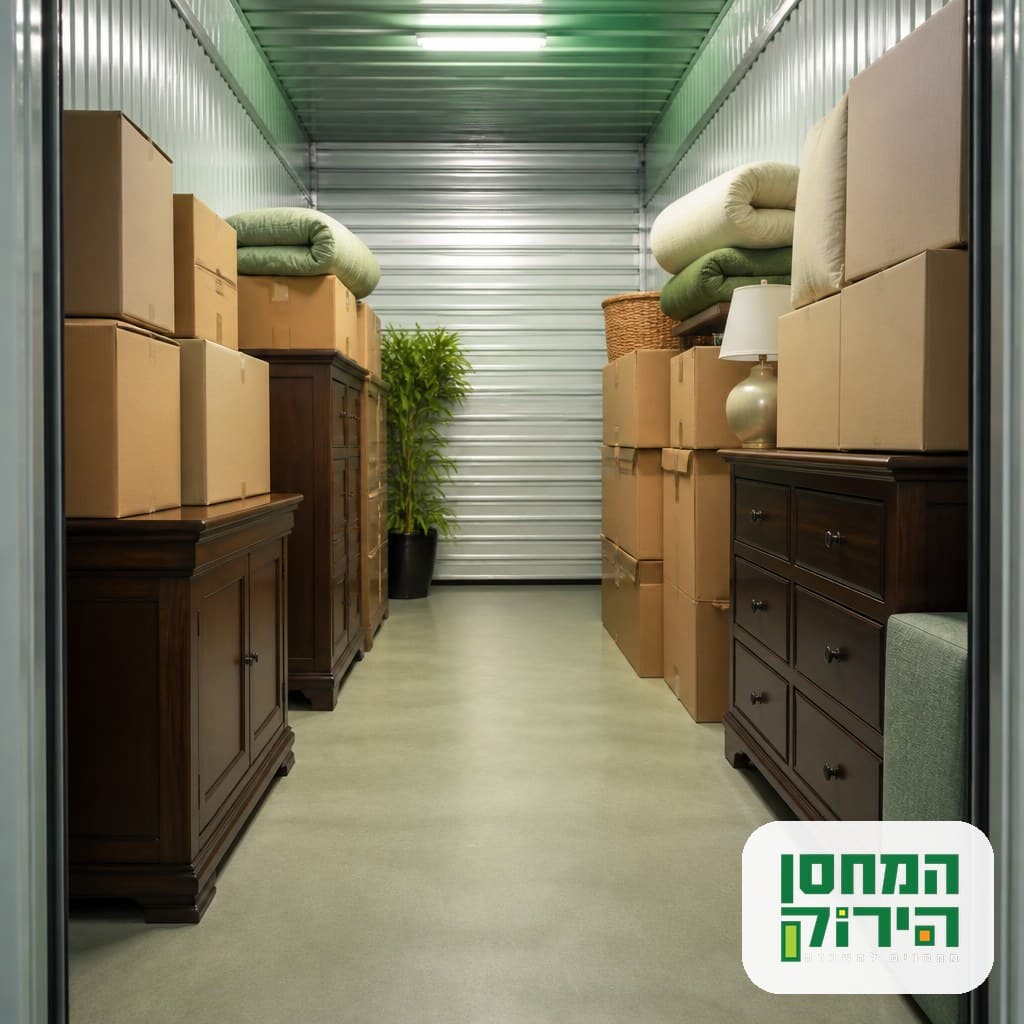 יחידת אחסון מסודרת עם קרטונים אטומים מסודרים בשורות וריהוט עץ בבסיס