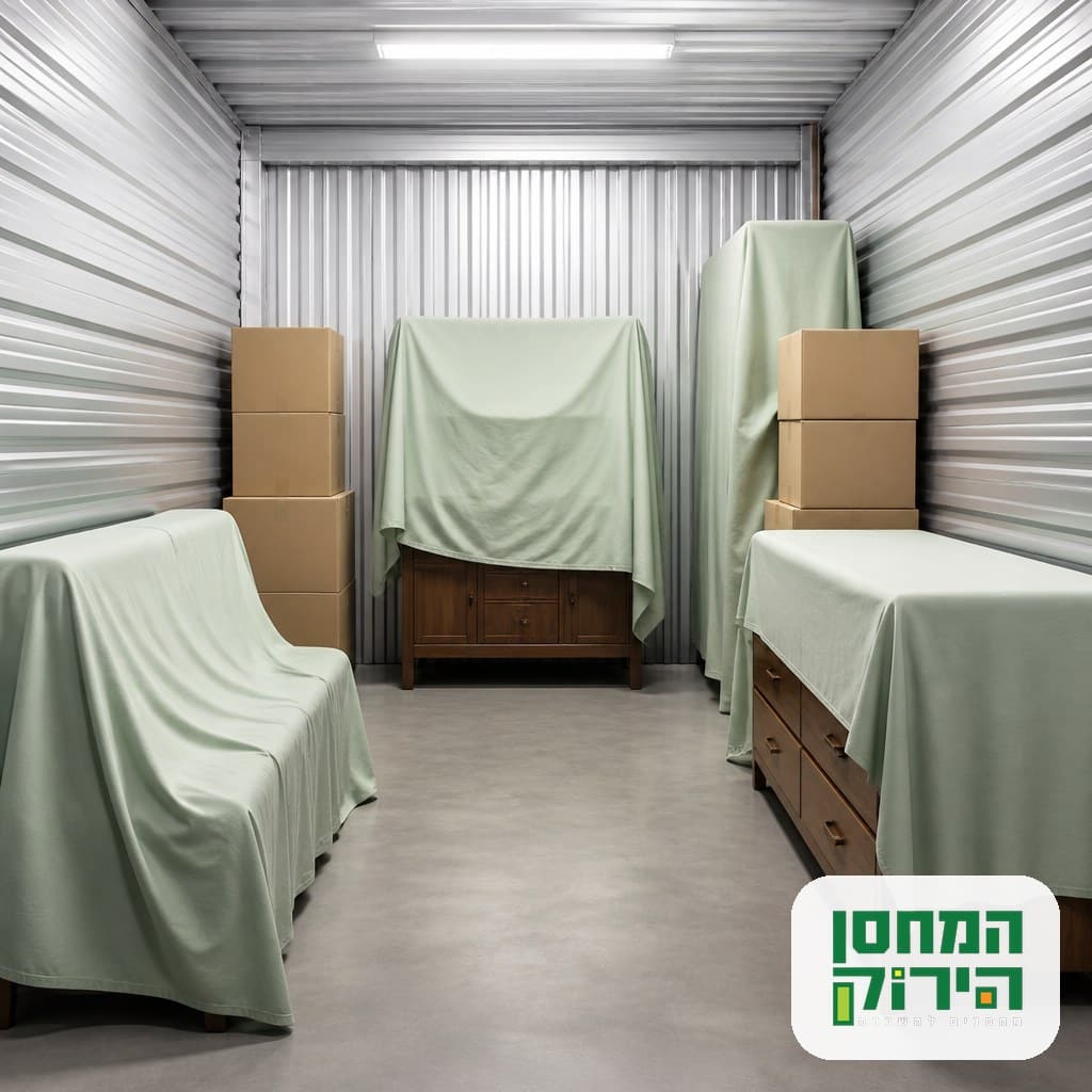 רהיטים וקרטונים מאוחסנים בצורה מסודרת ומכוסים ביחידת אחסון