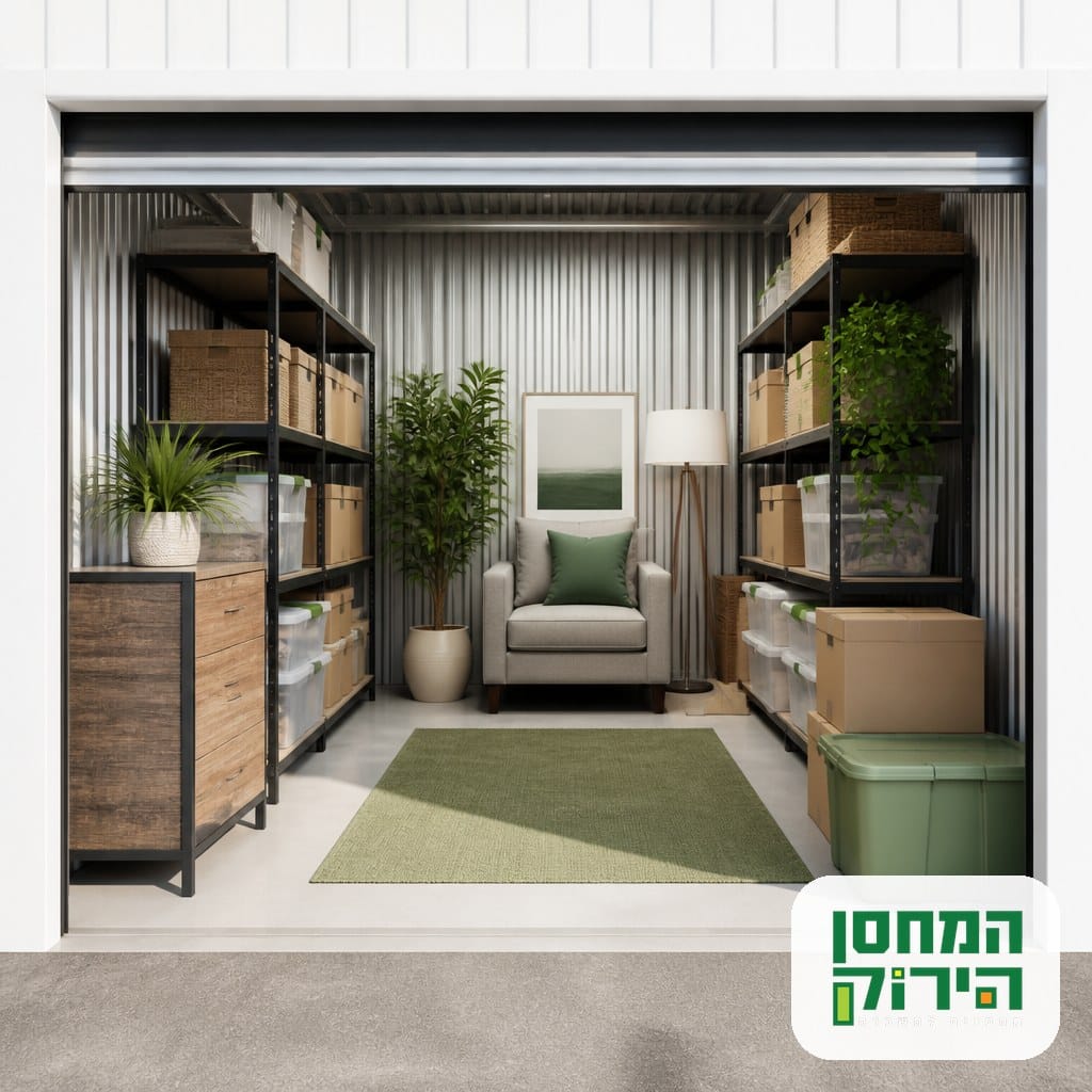 יחידת אחסון מסודרת עם מדפים וקרטונים