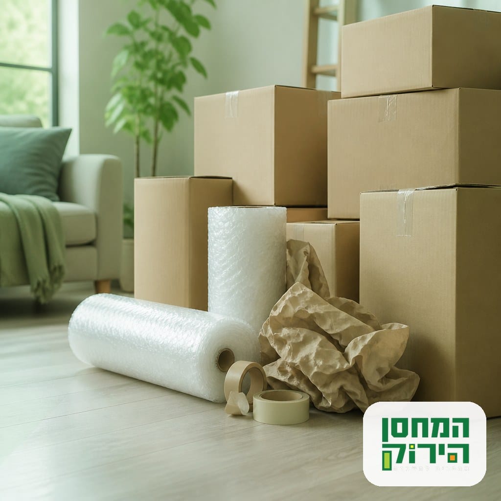 קרטונים וחומרי אריזה מסודרים להכנה לאחסון חפצים