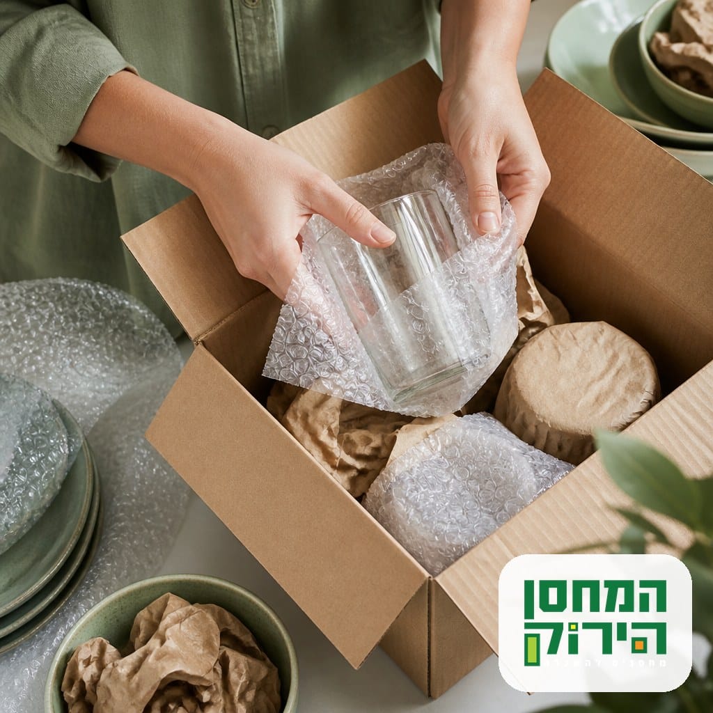 אריזת חפצים שבירים: עטיפת כלי זכוכית בניילון בועות לפני אחסון