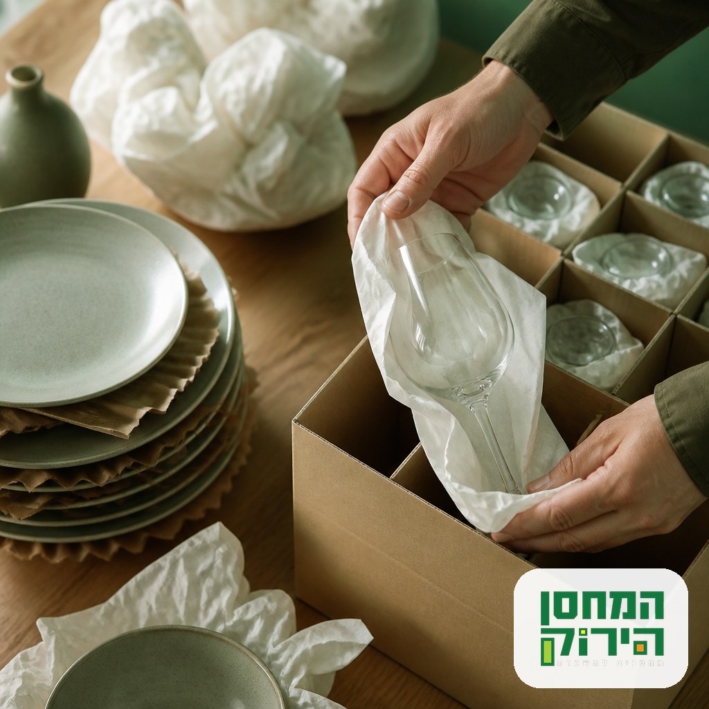 אריזת כוסות וכלי אוכל לאחסון: עטיפת כל כוס בנפרד והנחת צלחות מופרדות בקרטון