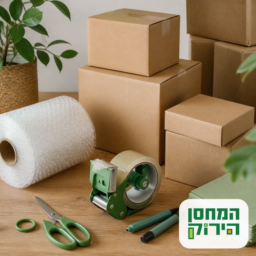 ציוד אריזה למעבר דירה: ארגזי קרטון, ניילון בועות, סרט הדבקה וטושים
