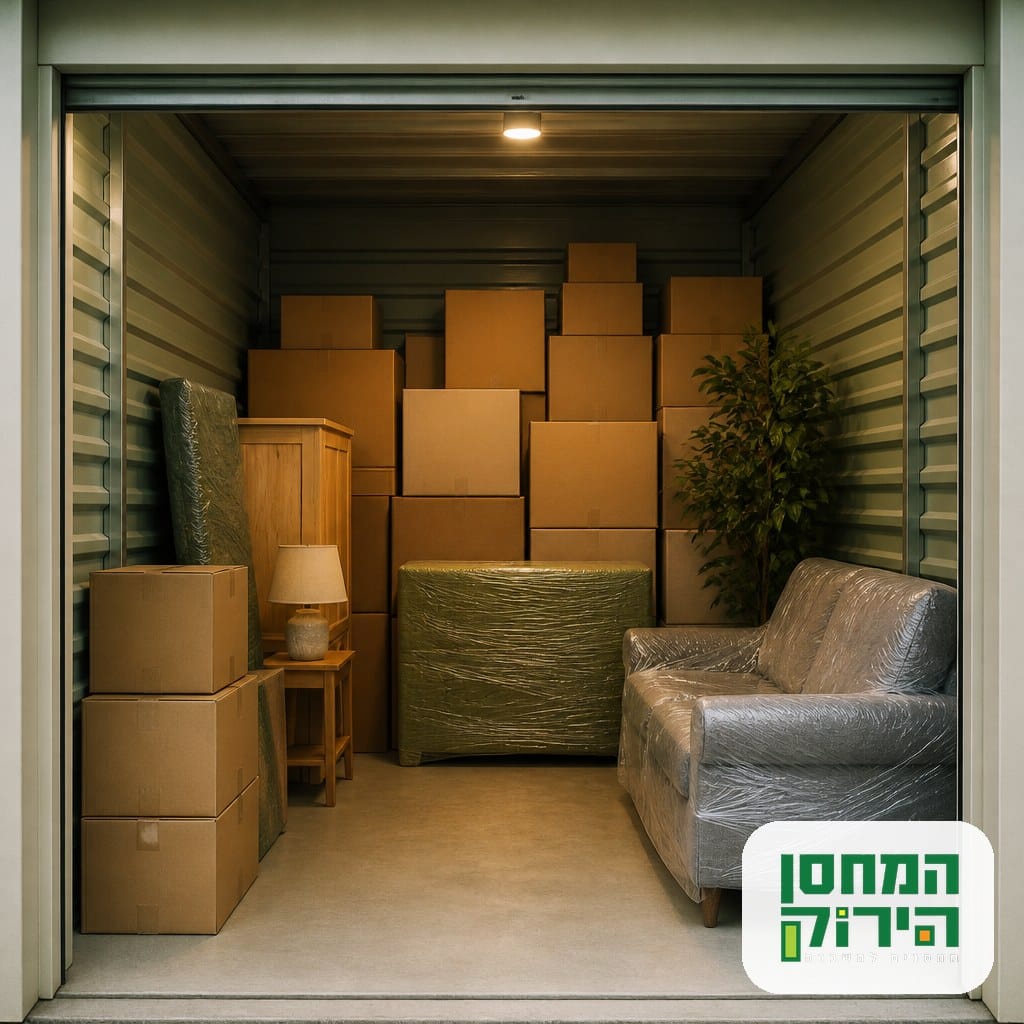 יחידת אחסון אישית מסודרת עם קרטונים ורהיטים